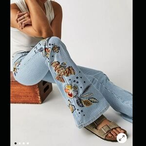 DRIFTWOOD Blue Striped Floral Embroidered Flare Jeans